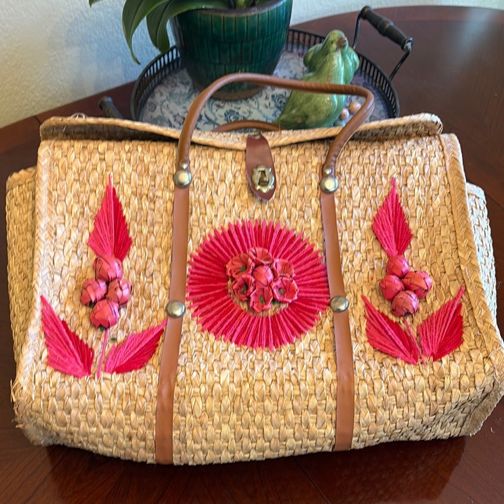 Authentic Woven Straw Tote Bag with Pink Embroidered Accents